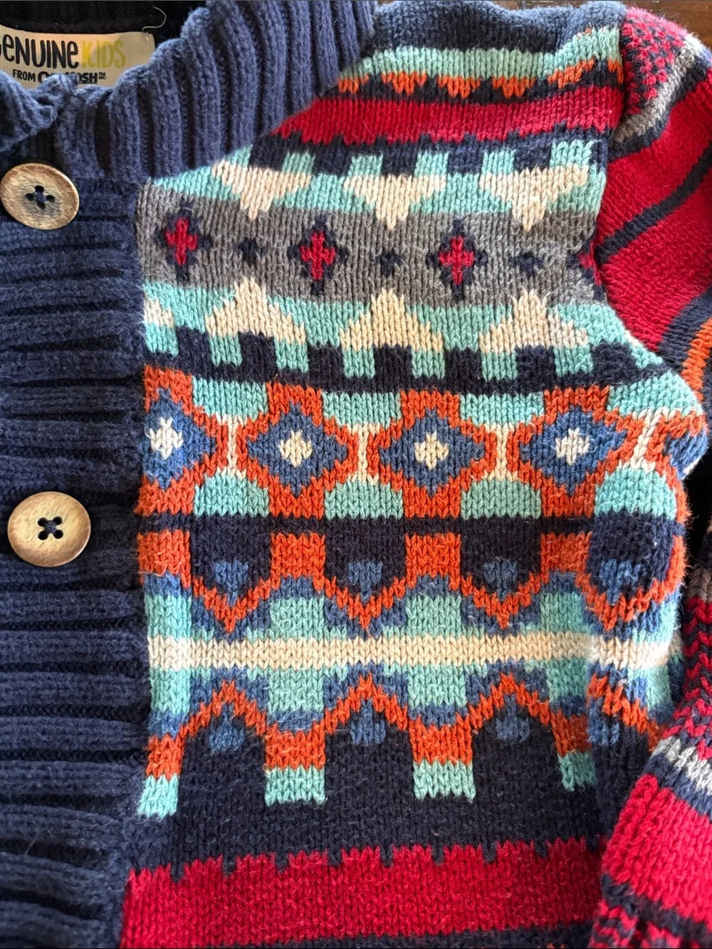 OshKosh B'gosh Navy, Red & Teal Fair Isle Knit Cardigan - 5T - 100% Cotton